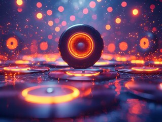 Poster - surreal neon speaker amidst levitating glowing vinyl records evoking retro futuristic music concept