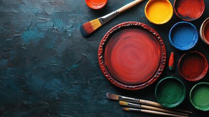 Poster - Creative painting process art studio visual art colorful environment top view artistic inspiration