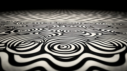 Poster - Monochrome Swirls and Waves Geometric Pattern Illusion Background in Dimly Lit Space Perspective