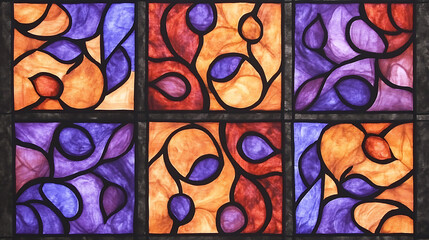 Poster - Ornate Stained Glass Pattern with Leaf Like Shapes in Purple Orange and Red Elegant Design