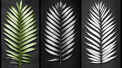Poster - Palm Leaf Trio Illustration Green Gray and White Against Black Backdrop Minimalist Botanical Art