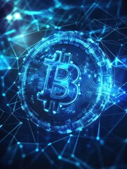 Poster - Blockchain technology futuristic hud background with world globe and blockchain polygon peer to peer network. Global cryptocurrency blockchain business banner concept.