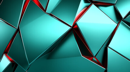 Poster - Polygon Pattern in Teal and Red Color Palette with Abstract Metallic Surface and Dynamic Composition