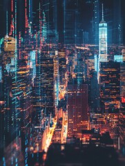 Poster - Abstract night New York city wallpaper with forex chart. Trade and currency exchange concept. Double exposure