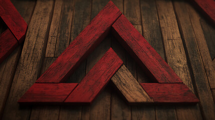 Poster - Red and Brown Wooden Triangle Arrangement on Wood Plank Background Display Pattern Structure