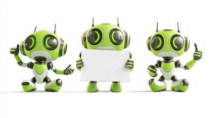 Poster - Set of green robots holding white blank board. Cute robots meditating in lotus pose, knitting a scarf, pushing virtual button, pointing finger up. Vector illustration isolated on white background.