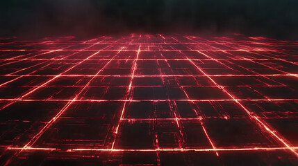 Poster - Red Grid Matrix Floor Network Under Dark Ominous Fog Creating a Mysterious and Futuristic Atmosphere