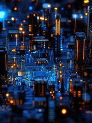 Poster - futuristic electronic circuit board with glowing blue wires and microchips in a dark background, abstract electronics, futuristic technology