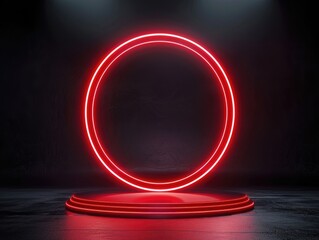 Poster - Dynamic red neon circle installation modern art gallery visual art display dimly lit environment contemporary viewpoint