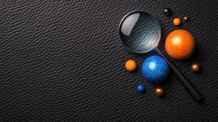 Poster - Exploring the universe magnifying glass and colorful spheres on leather background