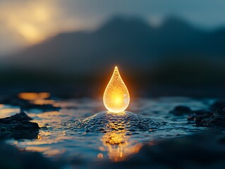 Poster - A single glowing water droplet nourishing an entire landscape symbolizing the power of clean water