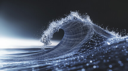 Poster - digital wave with futuristic design flows energetically in blue, showcasing blend of technology and nature. intricate network pattern adds dynamic and modern touch