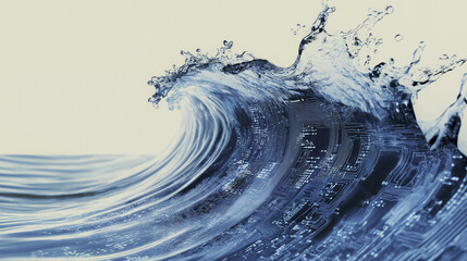 Poster - digital wave with circuit patterns flows dynamically, merging technology and nature in futuristic concept. blue tones and intricate details create sense of energy and innovation