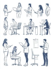 Poster - Linear vector illustration set of business people in work process. Diverse men and women solve business problems, carry out work assignments, explaining the presentation, clerks do office tasks.