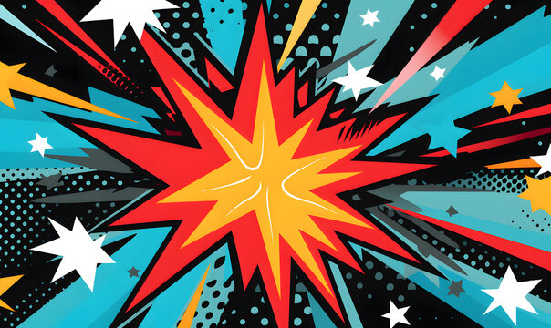 Vintage comic pop art sunburst banner background with halftone design