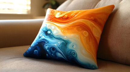 Poster - Vibrant abstract pillow with orange and blue swirls on a soft couch