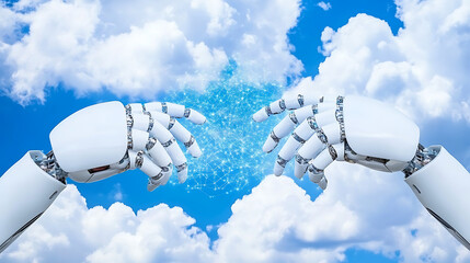 Poster - robotic hands connecting in a digital network under a cloudy sky symbolic of technological advanceme