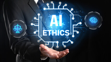 Wall Mural - This image illustrates the crucial intersection of ethics and artificial intelligence, highlighting the importance of compliance, security, and responsible governance in the digital age. XDMCP