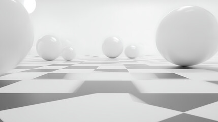 Poster - serene arrangement of spheres on a checkerboard surface evoking minimalism and tranquility vibe