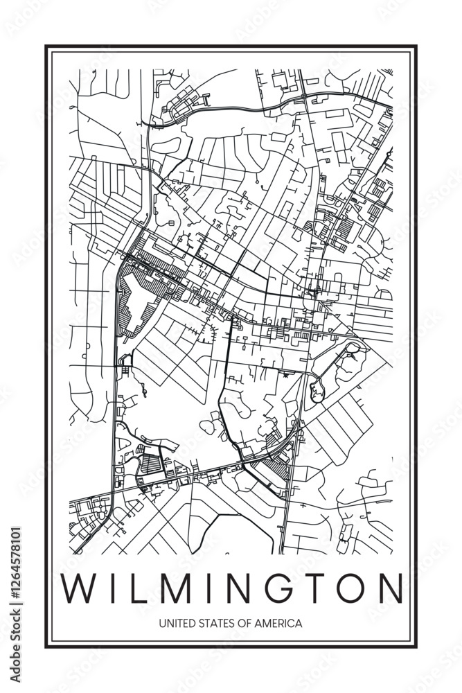 Printable downtown road map poster of the USA town of WILMINGTON on ...