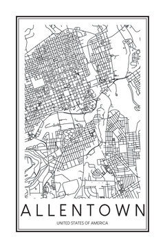 Printable downtown road map poster of the USA town of ALLENTOWN on solid white background with city name