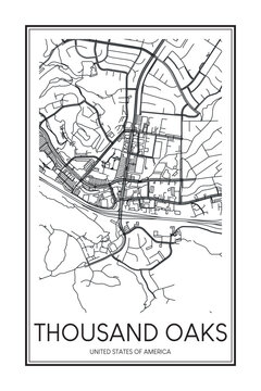 Printable downtown road map poster of the USA town of THOUSAND OAKS on solid white background with city name