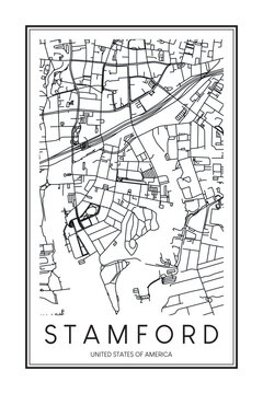Printable downtown road map poster of the USA town of STAMFORD on solid white background with city name