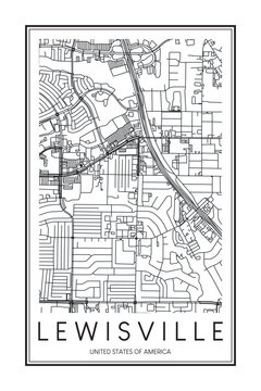 Printable downtown road map poster of the USA town of LEWISVILLE on solid white background with city name