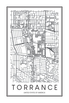Printable downtown road map poster of the USA town of TORRANCE on solid white background with city name