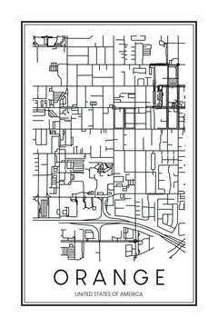 Printable downtown road map poster of the USA town of ORANGE on solid white background with city name