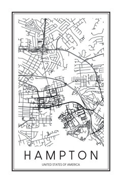 Printable downtown road map poster of the USA town of HAMPTON on solid white background with city name