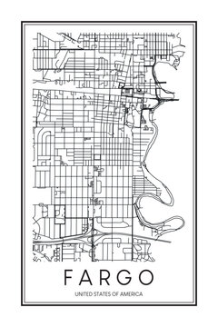 Printable downtown road map poster of the USA town of FARGO on solid white background with city name