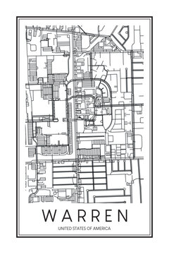 Printable downtown road map poster of the USA town of WARREN on solid white background with city name