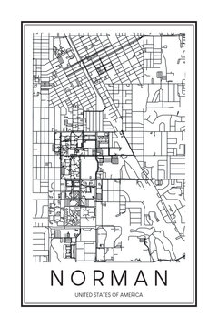 Printable downtown road map poster of the USA town of NORMAN on solid white background with city name