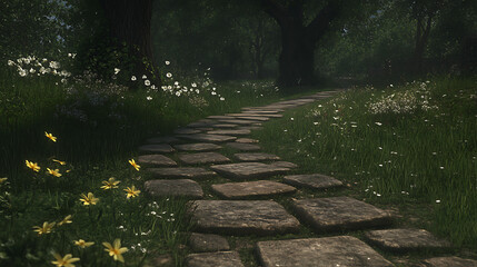 Wall Mural - Serene Stone Path Through Verdant Meadow with Flowers and Trees in Sunlight Dappled Garden