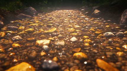 Canvas Print - Shallow Rocky River Bed Glimmering in Sunlight  A Natural Waterway Landscape with Pebbles and Stones