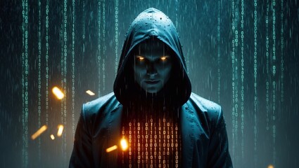 digital matrix rain effect surrounding mysterious hooded figure glowing binary code fragments scattered across dark atmospheric scene