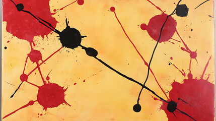 Poster - Splattered Abstract Artwork Featuring Circular Shapes in Red and Black Against a Yellow Backdrop