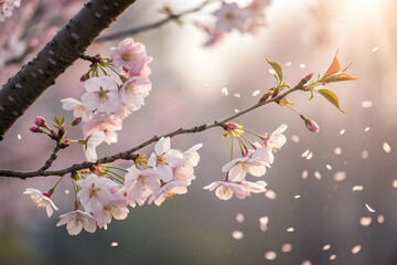 Sticker - Blooming Cherry Blossom Branch With Petals Falling In Golden Light Spring