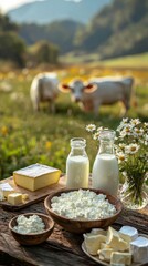 Wall Mural - A charming display of dairy products features bottles of milk, creamy cottage cheese, and a selection of cheeses, all set against a lush green backdrop with grazing cows and wildflowers