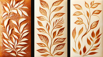 Poster - Stylized Botanical Relief Panels of Leafy Vines and Foliage Carvings in Earthy Tones