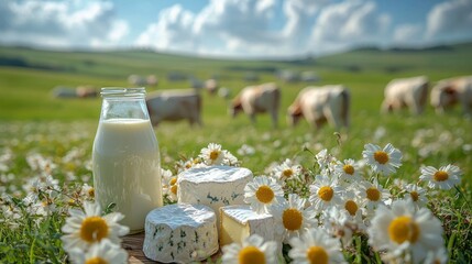 Wall Mural - At a picturesque farm, bottles of milk and delightful cottage cheese rest among vibrant daisies. Nearby, cows leisurely graze in lush green fields under a lovely blue sky filled with fluffy clouds