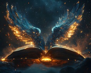 Poster - Transforming Book with Ethereal Wings Soaring Towards Glowing Horizon