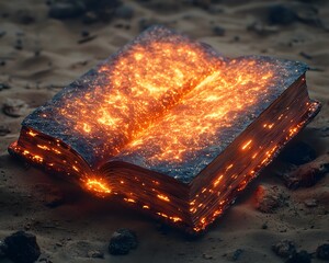 Poster - A Surreal Glowing Open Book Conjuring an Oasis of Knowledge and Life in the Desert