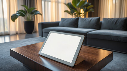 Poster - modern living room with tablet on coffee table surrounded by natural light and plants