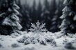 © Isuru - A crystalline snowflake stands alone in a snow-covered winter forest, evoking serenity and winter magic.