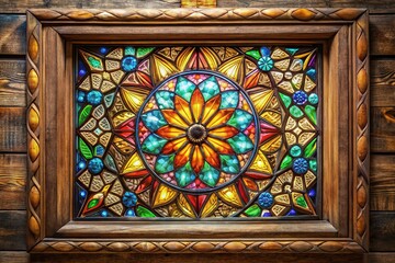 Spiritual Library Stained Glass Window Background with Wooden Frame, Colorful Light & Sacred Motifs