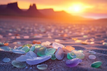 Poster - Sunrise illuminates colorful sea glass scattered on a sandy beach, with blurred desert landscape in the background.