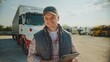 © VAKSMANV - Handsome Caucasian trucker standing in front of long truck. Using tablet device while chatting with customer. Looking at camera and smiling with joy. Wearing baseball cap and warm vest.