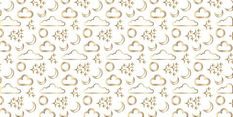 seamless pattern with golden crescent moon, clouds and stars on white background
